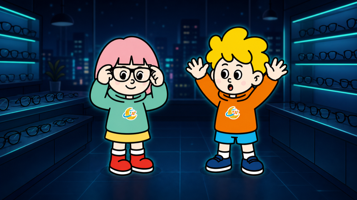 メガネ店でメガネを試着して喜ぶキャラクター・moaとsora
