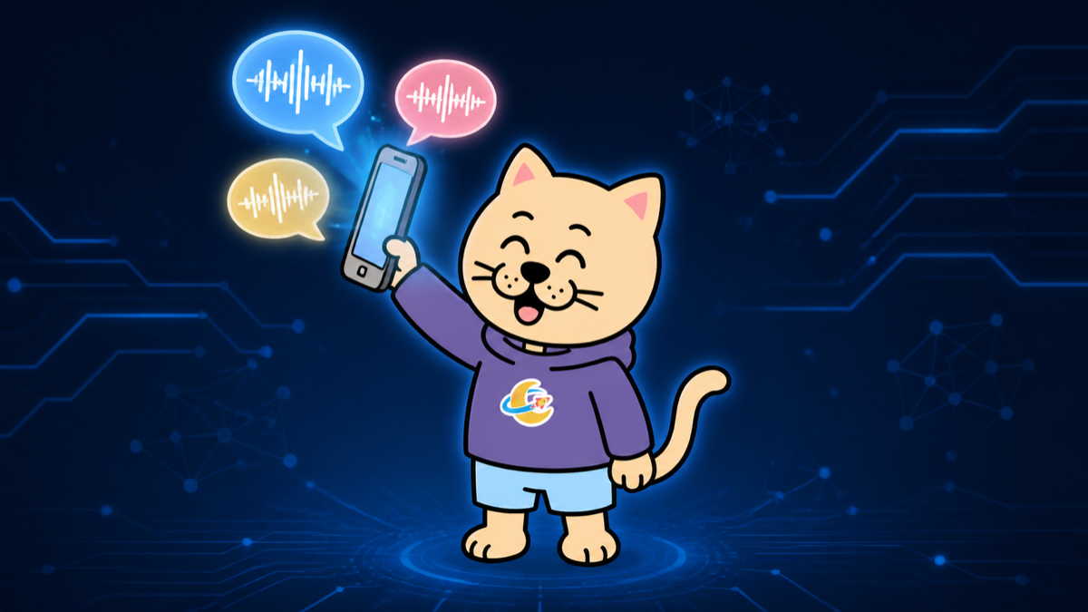 スマートフォンから多言語の音声吹き出しが飛び出す様子を喜ぶキャラクター・meme