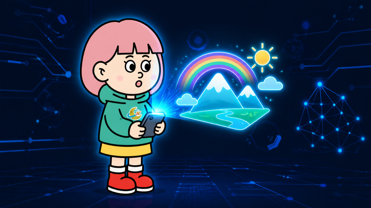 スマートフォンから画像生成AIの絵が浮かび上がるのを見て驚くキャラクター・moa