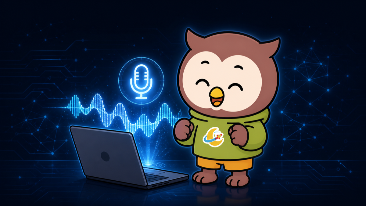 パソコンの画面から浮かぶ音声波形とマイクを前に、声づくりを楽しむキャラクター・fu