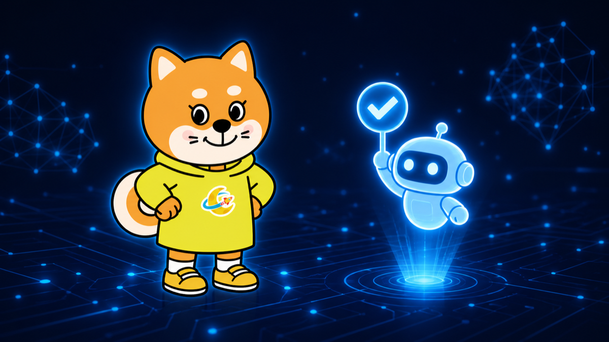 チェックマークを掲げた小さなロボットのホログラムに仕事を任せるキャラクター・en
