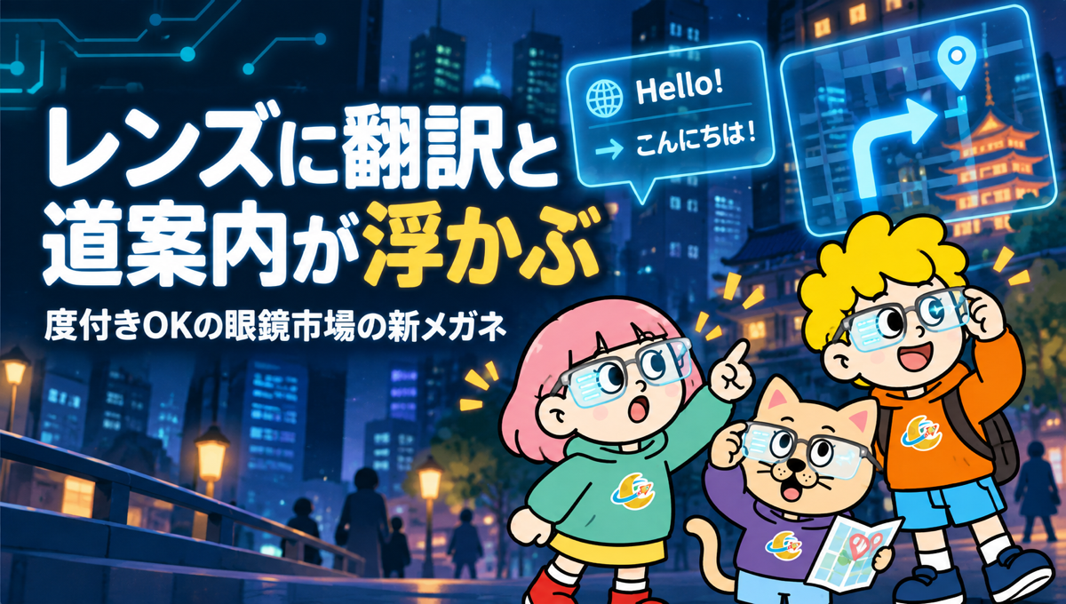 眼鏡市場の「Linse Display」、両目のレンズに翻訳と道案内が浮かぶ。119,000円で度付きにも対応